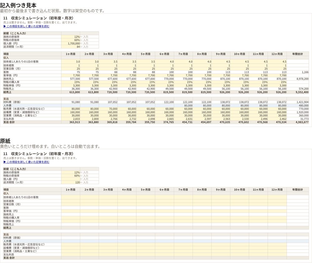 事業計画書Excelの「11 収支シミュレーション」。上が記入例つき見本で12ヶ月ぶんの数字が埋まっており、下が原紙で黄色い入力欄が空になっている